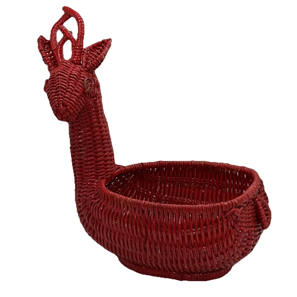 Christmas Holiday Reindeer‎ Red Painted Basket Table Decor Wicker Rattan Gift